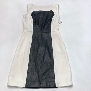 Milly of NY Nina Leather Panel Sheath Dress Black White Womens 4 Back Zip NWT